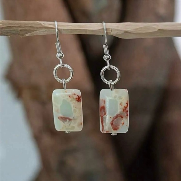Rectilinear Shoushan Stone Agalmatolite Pagodite Marbled Geometric O-Ring Dangle - Picture 4 of 10